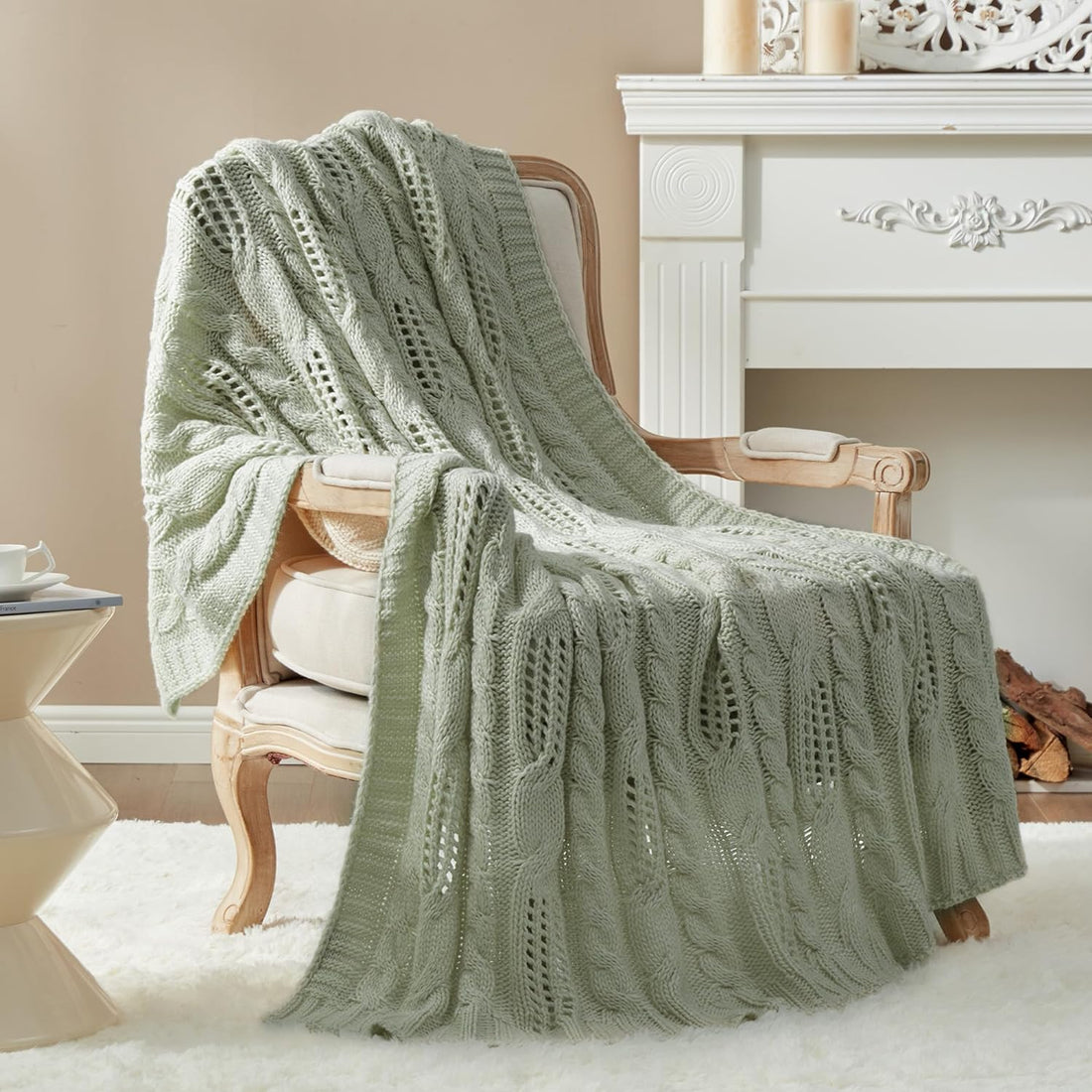 Sage Green Spring Throw Blanket Decorative Hollow Cable Knit Throw Blanket Soft Cozy Lightweight Farmhouse Throw Blankets for Couch Sofa Bedroom 50 X 60