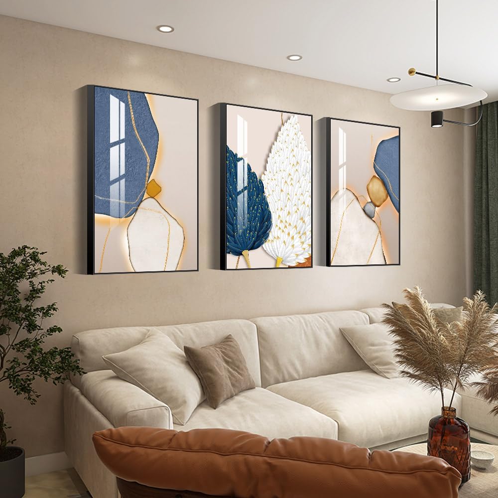 Wall Art, Bright Style Framed Wall Art, Abstract Modern Art Shape Pattern White Blue Yellow Grey Wall Art Artfully Matching Living Room Bedroom Office Wall Decor - 16&quot;X 24&quot;X 3 Panels